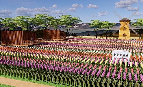 Modern Flower Sea Tulip Flower Field Park Landscape Romantic Flower Sea Internet Celebrity Tourist Attractions Landscape Wooden Plank Road Dutch Cart 3d model