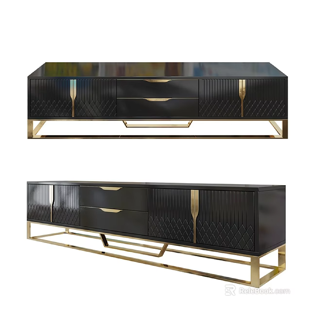 Elegant Modern Black TV Stand With Gold Accents Drawers And Metal Legs 3d model 