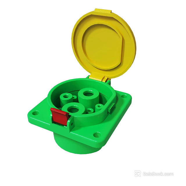Green Electrical Junction Box With Open Yellow Lid Circular Holes And Red Component 3d model 