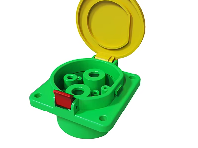 Green Electrical Junction Box With Open Yellow Lid Circular Holes And Red Component 3d model