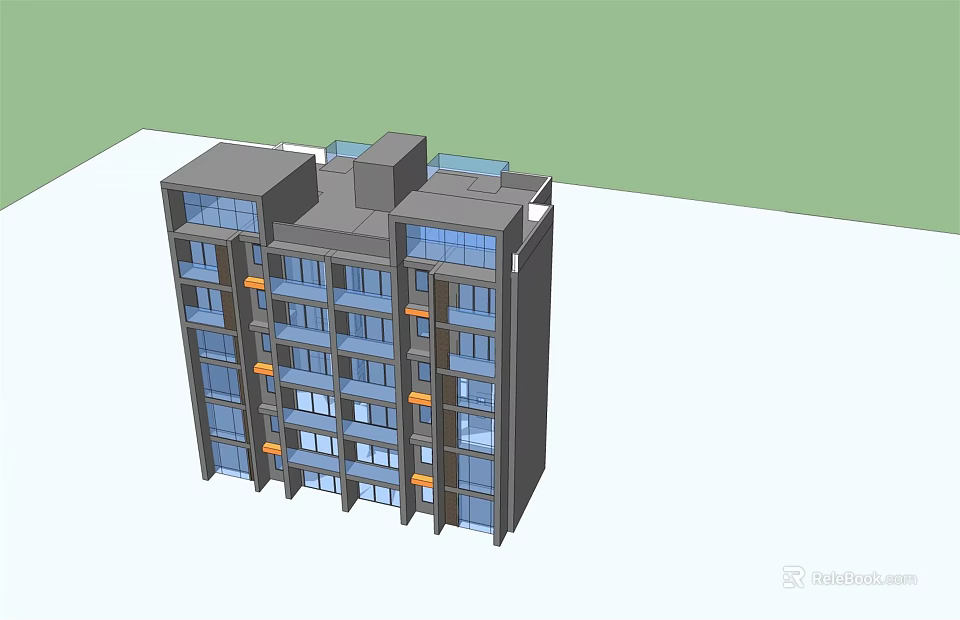 Modern Multi Story Apartment Building With Gray Facade Blue Windows And Orange Accents 3d model 