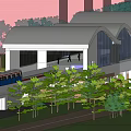 Modern Public Building Design With Curved Roof Glass Facade Surrounding Road Greenery And Vehicles