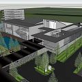 Modern Sales Office Building With Glass Facade Geometric Roof Surrounded by Trees And Water Features