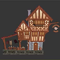 Timber Framed Cottage With Red Gabled Roof And Hanging Decoration