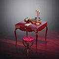 Elegant Mahogany Desk With Red Cushion Stool Candlestick And Books On Wooden Floor