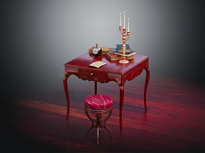 Elegant Mahogany Desk With Red Cushion Stool Candlestick And Books On Wooden Floor 3d model