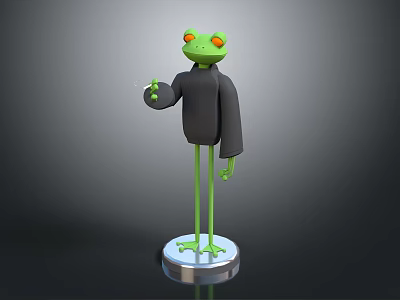 Green Frog Sculpture with Black Clothing Red Eyes and Thumbs Up Gesture on Silver Base 3d model