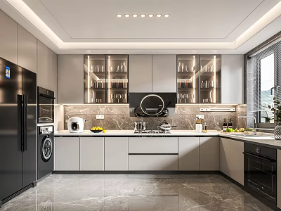 Modern Kitchen Interior With Gray Cabinets Glass Shelves And Smart Appliances 3d model