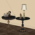 Vintage Round Tables With Metal Bases And Decorative Clock Lamp Sculpture On Wooden Floor
