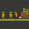 3D Carrot Planting Scene With Green Board Soil Pits Red Shovel And Wooden Barrel