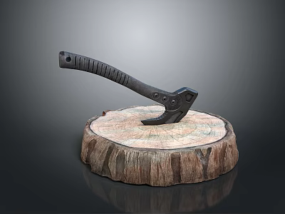Weapon Axe With Black Handle Placed On Wooden Log Featuring Tree Rings 3d model