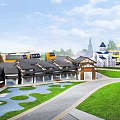 Colorful European Traditional Style Buildings Along Canal With Modern White Arch Structures