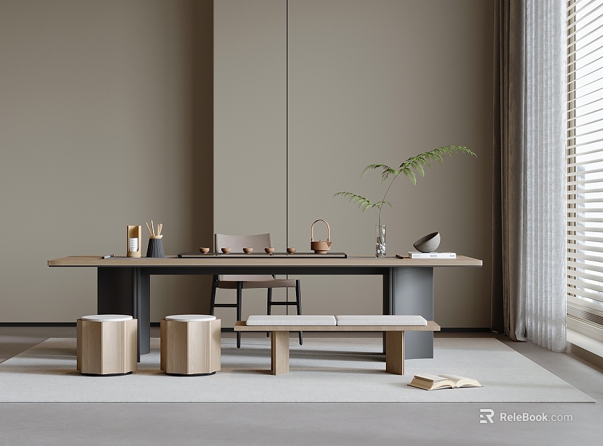 Modern Minimalist Wooden Tea Table And Chairs With Long Table Stools And Plant In Interior 3d model 
