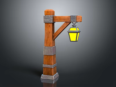 Rustic Wooden Street Lamp Post With Metal Crossbeam And Yellow Lantern Shade 3d model