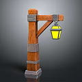 Rustic Wooden Street Lamp Post With Metal Crossbeam And Yellow Lantern Shade