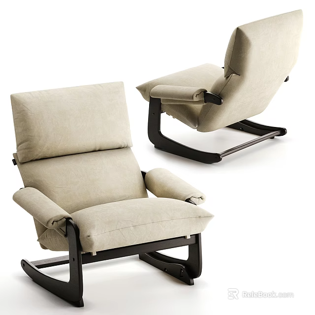Modern Beige Fabric Leisure Chair with Comfortable Armrest and Black Wooden Frame 3d model 