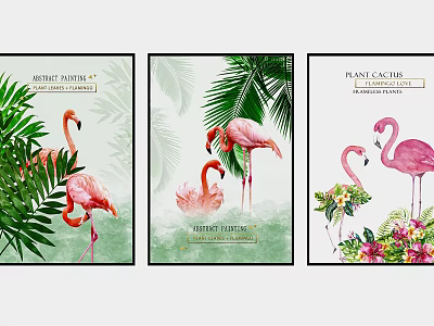 Vibrant Flamingo Animal Paintings With Tropical Leaves And Floral Designs 3d model