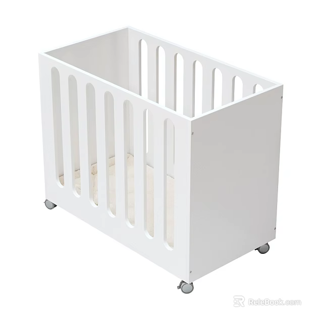White Baby Crib With Vertical Railings Rolling Wheels And Light Mattress 3d model 