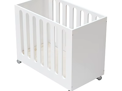 White Baby Crib With Vertical Railings Rolling Wheels And Light Mattress 3d model