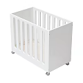 White Baby Crib With Vertical Railings Rolling Wheels And Light Mattress