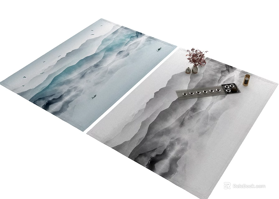 Square Area Rugs With Ink Painting Mountain Water Blue White Gray Design For Home Decor 3d model 
