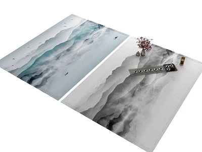 Square Area Rugs With Ink Painting Mountain Water Blue White Gray Design For Home Decor 3d model