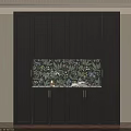 Black Sideboard With Floral Pattern Backsplash And Brass Handles White Countertop Decorative Vase