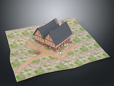 Rustic Traditional Wooden House Architecture With Sloped Roofs And Grassland Pathway 3d model