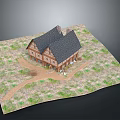 Rustic Traditional Wooden House Architecture With Sloped Roofs And Grassland Pathway