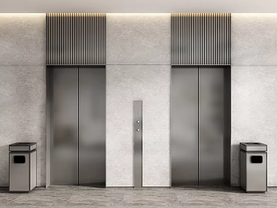 Metallic Elevators In Modern Office Building Lobby With Trash Bins 3d model