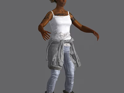 Woman With Tattoos Wearing White Tank Top Gray Cardigan Light Blue Jeans Against Gray Background 3d model
