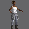 Woman With Tattoos Wearing White Tank Top Gray Cardigan Light Blue Jeans Against Gray Background