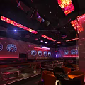 Modern Bar Interior With Colorful Neon Lights LED Screen And Comfortable Orange Seating