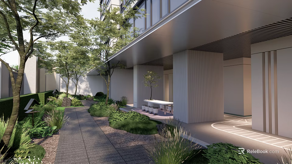Modern Residential Landscape With Lush Greenery Pathway Trees Patio And Building Exterior 3d model 