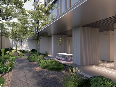 Modern Residential Landscape With Lush Greenery Pathway Trees Patio And Building Exterior 3d model