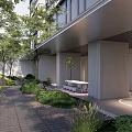 Modern Residential Landscape With Lush Greenery Pathway Trees Patio And Building Exterior