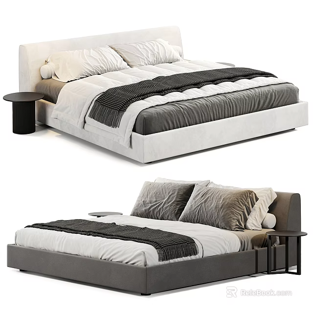 Modern Double Bed With Soft Upholstered Headboard Bed Linens And Bedside Table 3d model 