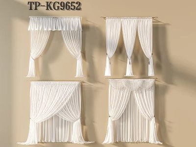 White Curtains In Various Styles Featuring Fringed Edges And Pleated Tops For Home Decor 3d model