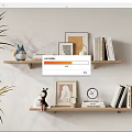 Modern Decorative Ornament Set On Wooden Wall Shelves With Books Frames Figurines And Clock