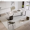 Marble Desk Setup With Laptop White Chair Potted Plant Rug And Wooden Floor View