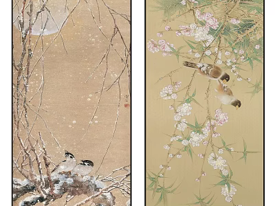 Traditional Chinese Paintings With Snowy Branches Birds Blooming Flowers And Bamboo Leaves 3d model