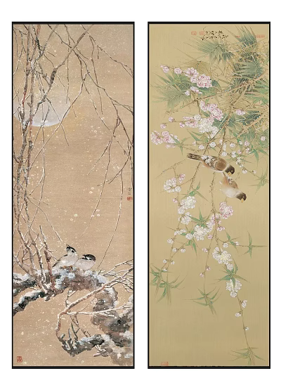 Traditional Chinese Paintings With Snowy Branches Birds Blooming Flowers And Bamboo Leaves 3d model
