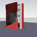 Red Building With Vertical Stripes And Star Decorations At Night With Moon And People Silhouettes