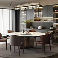 Modern Restaurant With Round Dining Table Glass Chandelier Open Kitchen Dark Cabinets And Brown Chairs