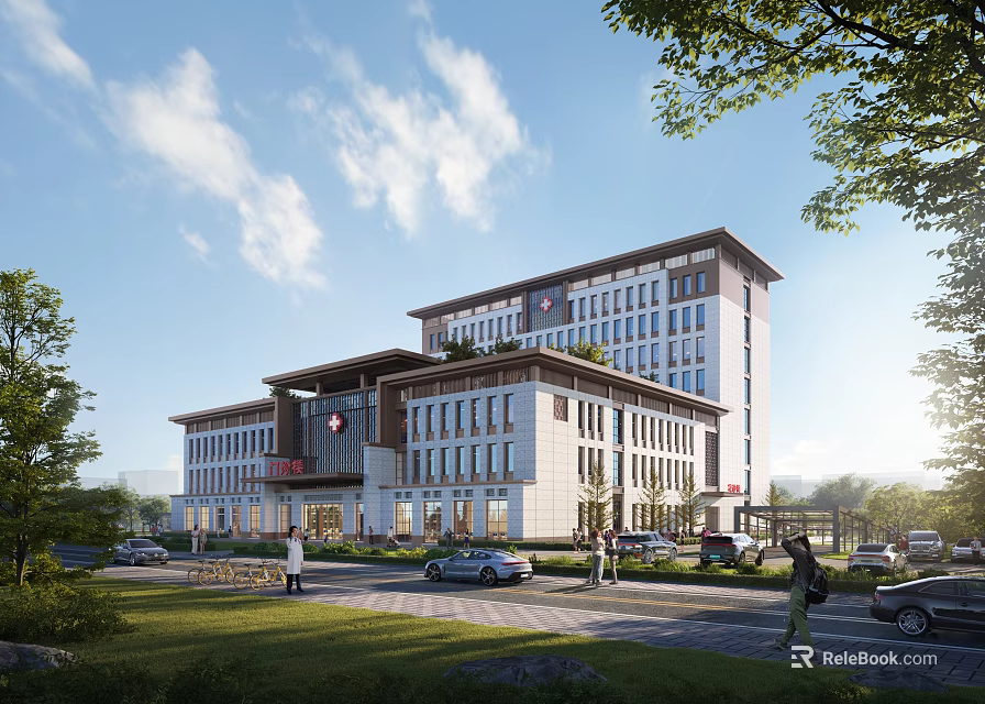 Modern Hospital Building Exterior With Green Landscaped Surroundings And Glass Windows 3d model 