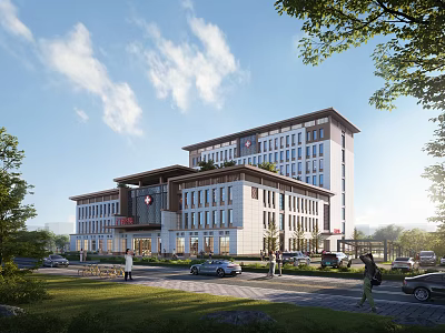 Modern Hospital Building Exterior With Green Landscaped Surroundings And Glass Windows 3d model