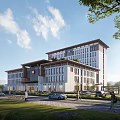 Modern Hospital Building Exterior With Green Landscaped Surroundings And Glass Windows