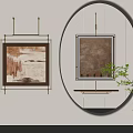 Abstract Paintings Hanging on Wall in Modern Interior With Circular Archway and Green Plant