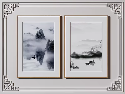 Two Panel Chinese Ink Wash Landscape Paintings With Mountains Water Boat And Reeds In Frame 3d model