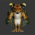 Fierce Orange Black Tiger Mechanical Hybrid 3D Model With Green Arms Yellow Backpack Device